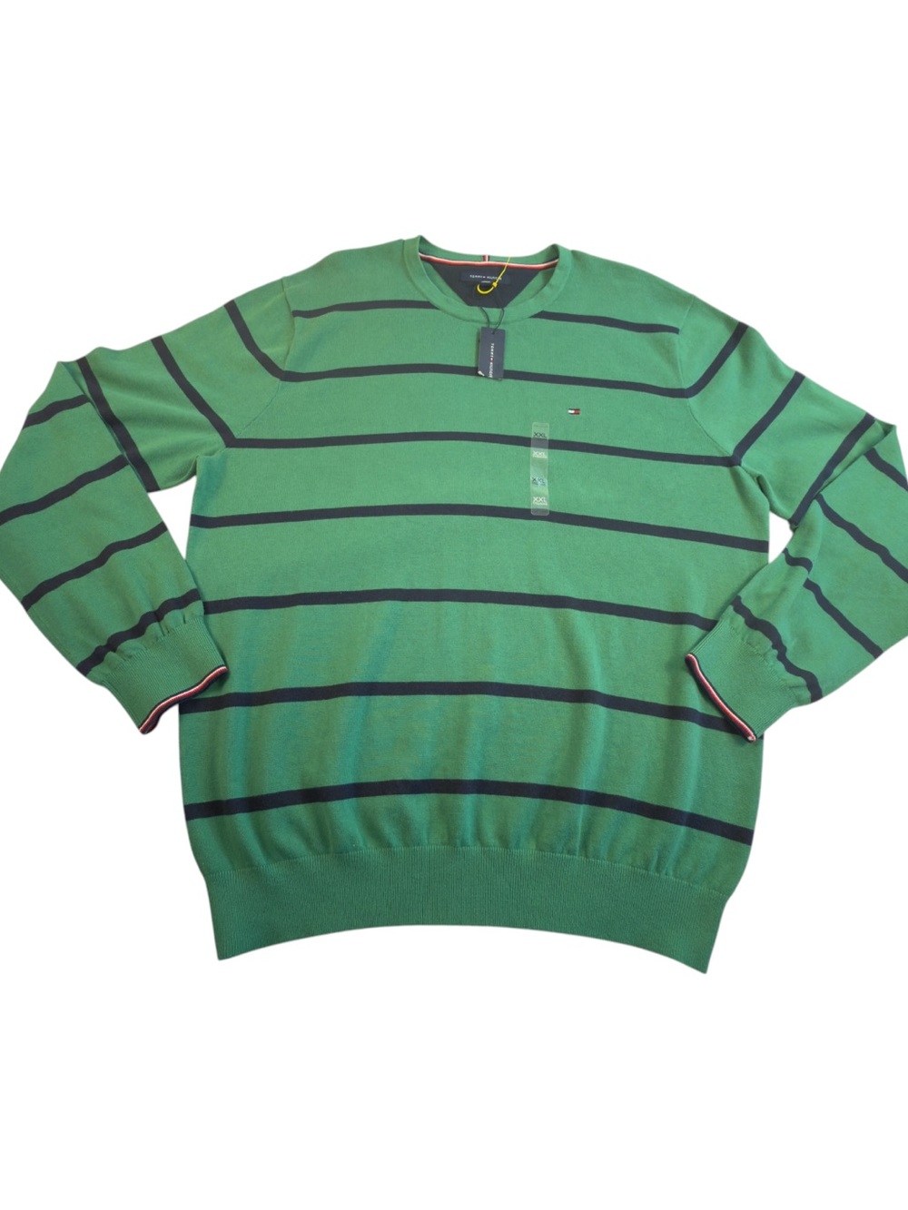 Tommy Hilfiger Sweater Mens 2XL Green & Blue Striped Pullover Long Sleeve Knit